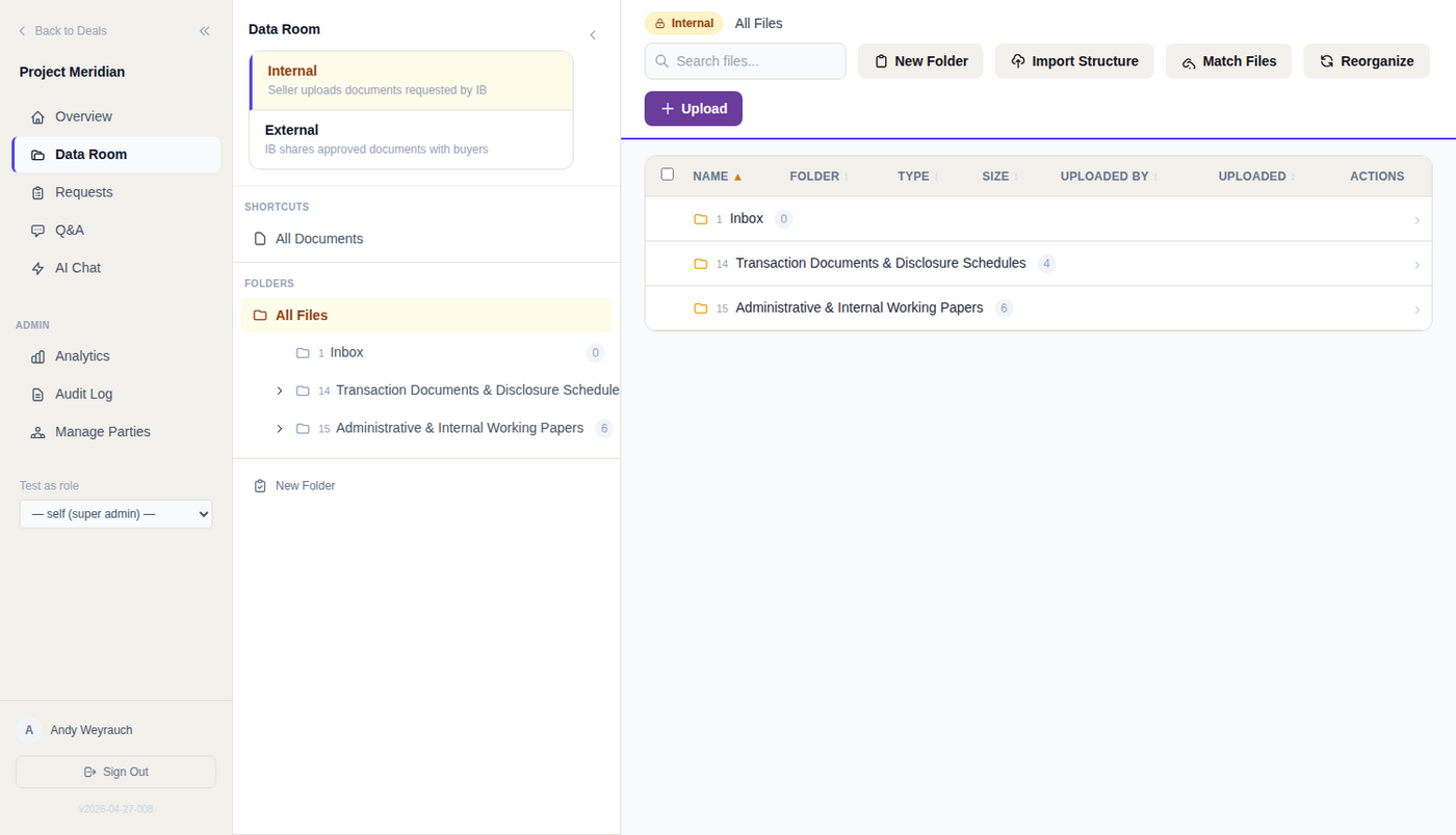 The data room, showing the internal and external split, the folder tree, and the upload and AI suggestions bar.
